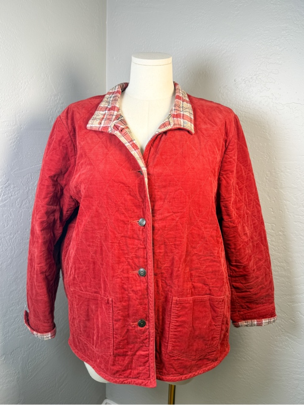 CJ Banks Red Corduroy Quilted Barn Jacket Plaid Lined Button Front Plus Size 2X
